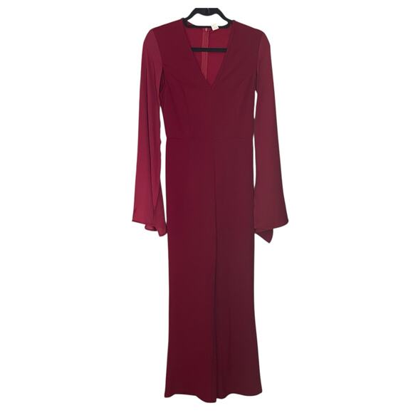 Wdirara Womens XS Wide Leg Jumpsuit Red Wine V-Neck Sheer Sleeve Elegant NWT - Picture 2 of 10